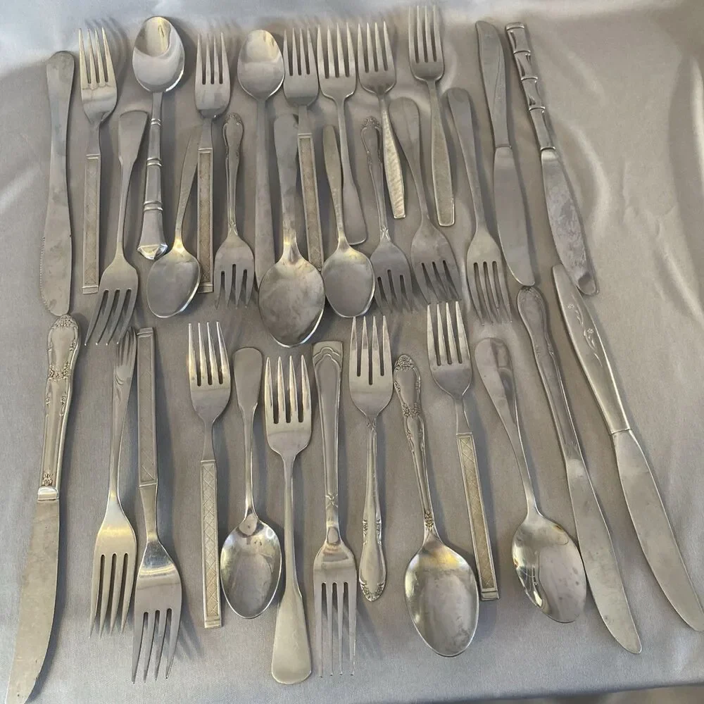 Vintage Lot Mixed Stainless Steel Flatware Silverware MCM Floral Textured Atomic